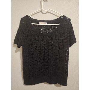 Whimsigoth Black Open Knit Crochet Sweater Top Short Sleeve Scoop Neck Emo Edgy